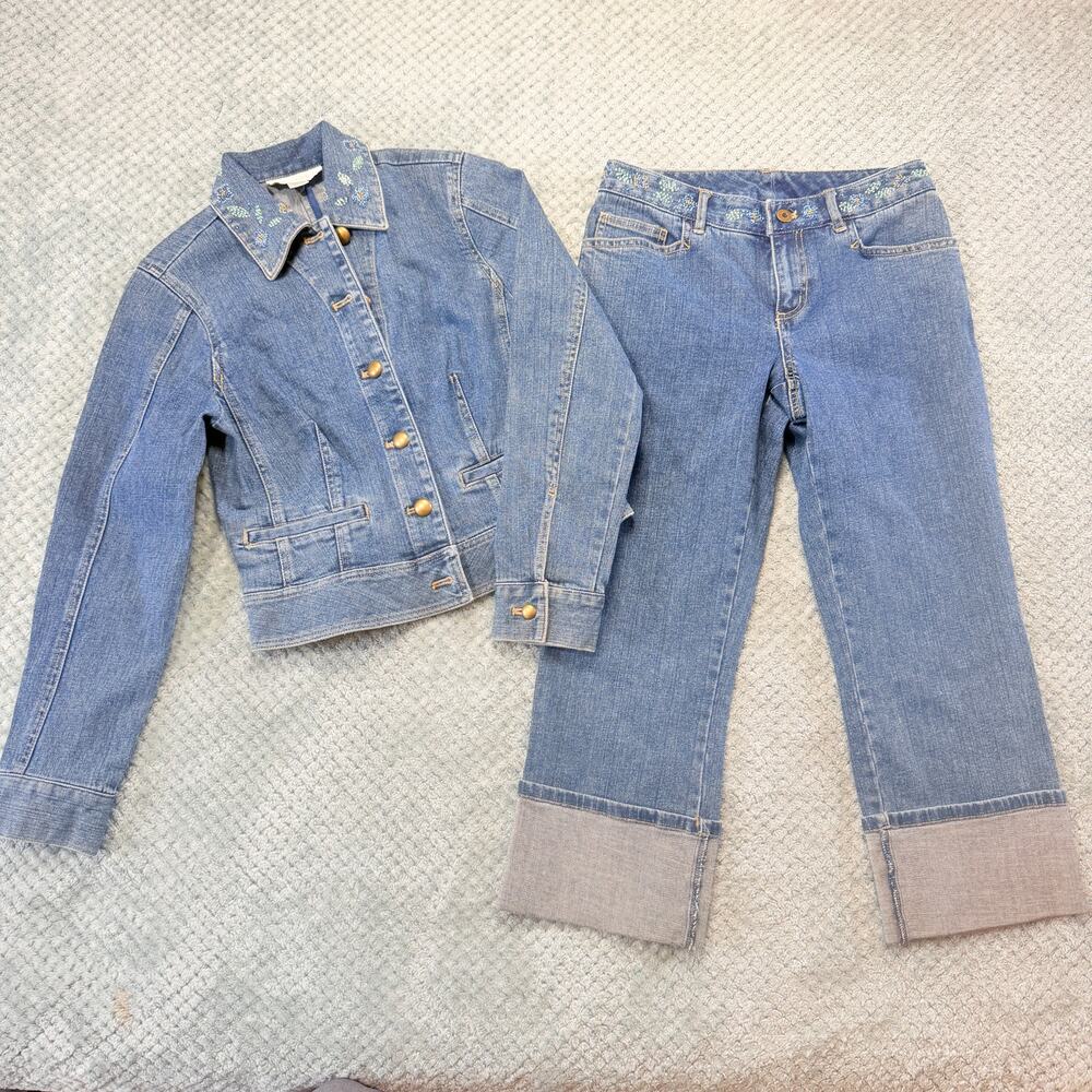Vintage Y2K Light Blue Denim Beaded Capri 2 Piece Jean Jacket Straight Leg Set